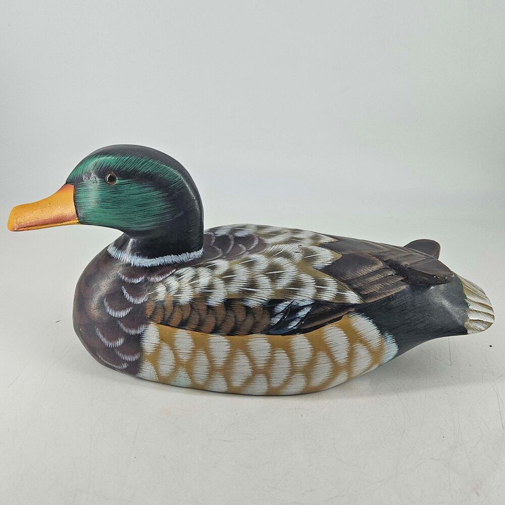 Vintage Wood Mallard Duck Decoy Hand Carved Painted w Glass Eyes signed dated